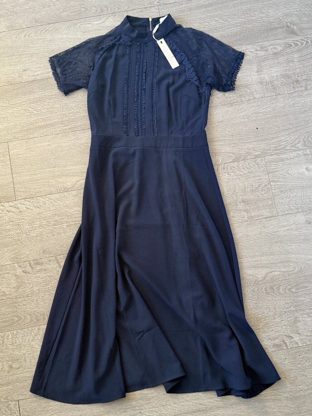 Liquorish Navy Lace Sleeve High Neck Midi Dress Size UK 10 / US 6 NWT
